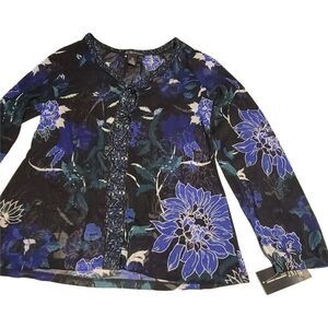 International Concept Womens Black Blue Floral Long Sleeve Blouse Top Size Small